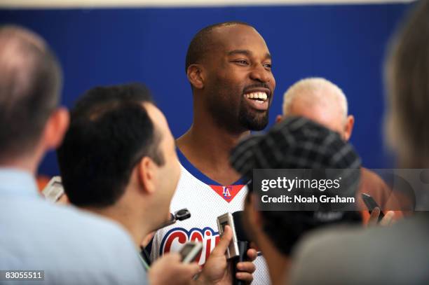 Baron Davis of the Los Angeles Clippers smiles while fielding questions from the media during NBA Media Day on September 29, 2008 at the Clippers...