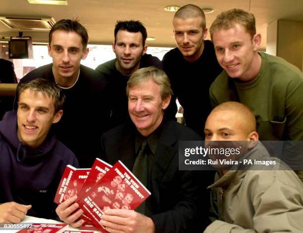 Eric Harrison with Gary Neville , Ryan Giggs, David Beckham, Nicky Butt, Philip Neville and Wes Brown during his book launch, at Old Trafford.