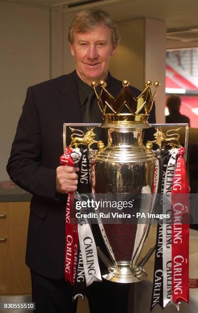 Eric Harrison with Premier League Trophy at his book launch, at Old Trafford.