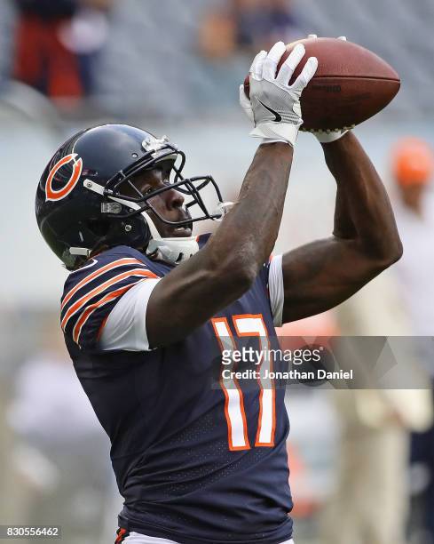 Alton Howard of the Chicago Bears participates in warm-ups before a game against the Denver Broncos at Soldier Field on August 10, 2017 in Chicago,...