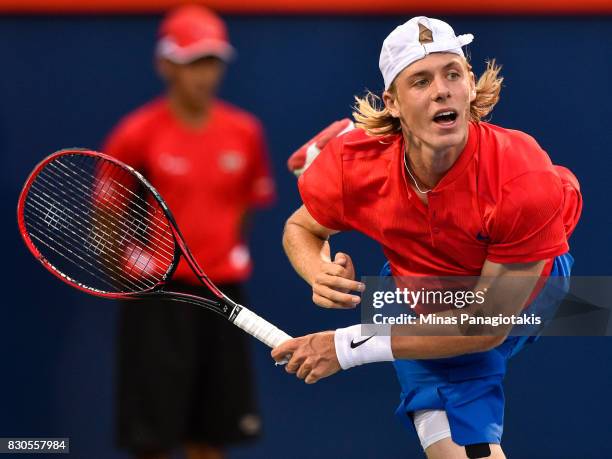 Denis Shapovalov of Canada serves against Adrian Mannarino of France during day eight of the Rogers Cup presented by National Bank at Uniprix Stadium...