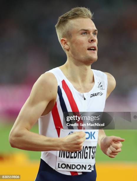Filip Ingebrigsten of Norway competes in the Men's 1500m semi final during day eight of the 16th IAAF World Athletics Championships London 2017 at...
