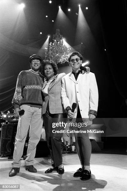 April 1993: Smokey Robinson, Aretha Franklin and Elton John at a rehearsal for the "Aretha Franklin: Duets" concert to benefit the Gay Men's Health...