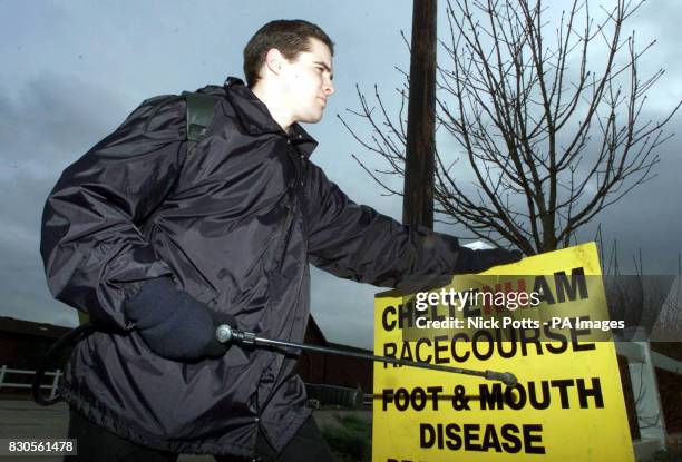 Student waits to spray vehicles with disinfectant as they enter Cheltenham Racecourse. Officials at Cheltenham racecourse revealed their...