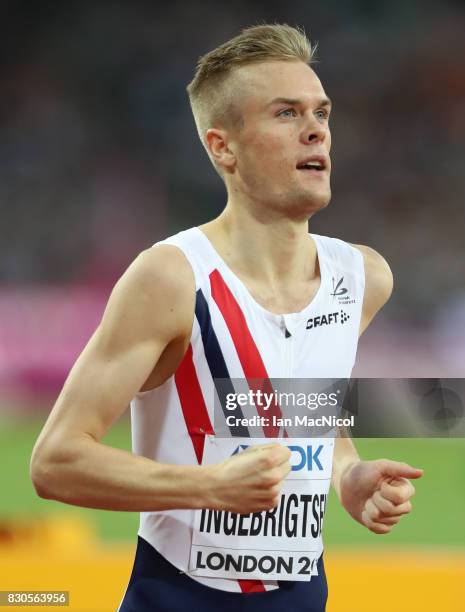 Filip Ingebrigsten of Norway competes in the Men's 1500m semi final during day eight of the 16th IAAF World Athletics Championships London 2017 at...