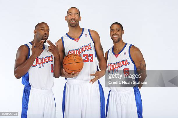 Baron Davis, Jelani McCoy, and Jason Hart of the Los Angeles Clippers pose for a portrait during NBA Media Day on September 29, 2008 at the Clippers...