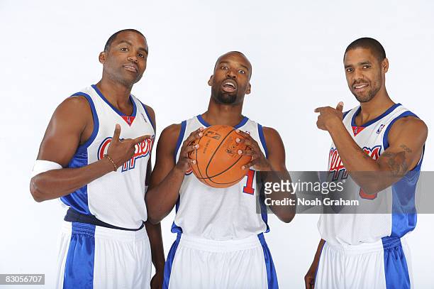 Cuttino Mobley, Baron Davis, and Jason Hart of the Los Angeles Clippers pose for a portrait during NBA Media Day on September 29, 2008 at the...