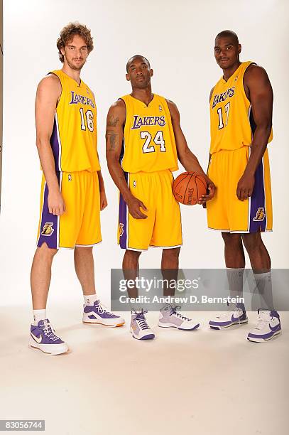 Pau Gasol, Kobe Bryant and Andrew Bynum of the Los Angeles Lakers pose for a portrait during NBA Media Day on September 29, 2008 at the Toyota Sports...