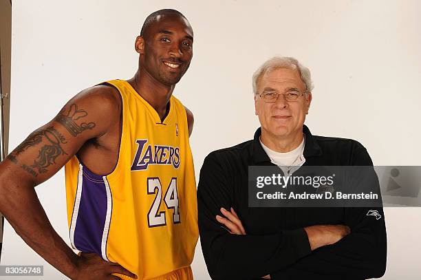 Head Coach Phil Jackson and Kobe Bryant of the Los Angeles Lakers pose for a portrait during NBA Media Day on September 29, 2008 at the Toyota Sports...