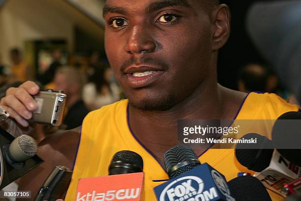 Andrew Bynum of the Los Angeles Lakers speaks to the media during NBA Media Day on September 29, 2008 at the Toyota Sports Center in El Segundo,...