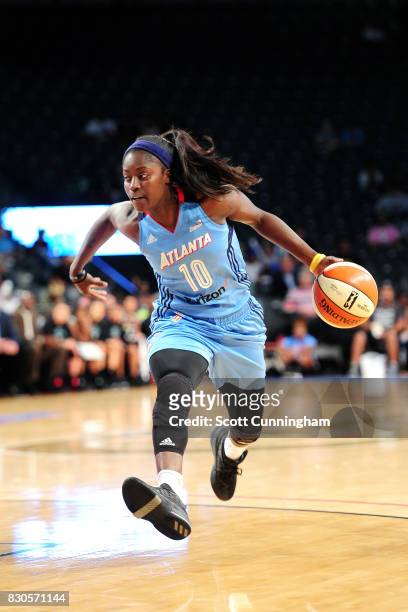 Matee Ajavon of the Atlanta Dream handles the ball during the game against the New York Liberty during at WNBA game on August 11, 2017 at Hank...