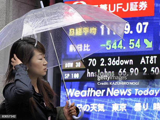 Passerby walks past a share prices board in front of a securities office in Tokyo on September 30, 2008. Japanese share prices were down 4.64 percent...
