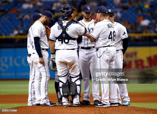 Pitching coach Jim Hickey of the Tampa Bay Rays comes out to the mound to speak with pitcher Jacob Faria after Faria walked Carlos Santana of the...