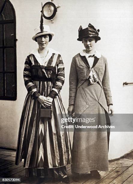 Two young women, Estele and Maud O'Brien arrive on the RMS Olympic passenger liner, New York, New York, July 8, 1914. The Olympic is the White Star...