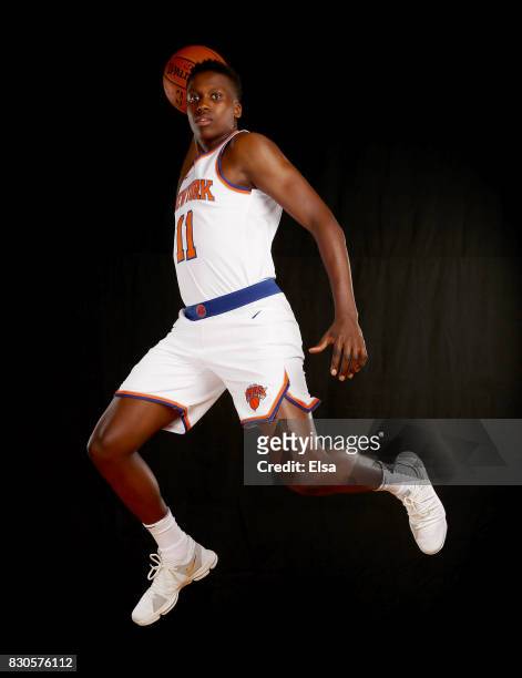 Frank Ntilikina of the New York Knicks poses for a portrait during the 2017 NBA Rookie Photo Shoot at MSG Training Center on August 11, 2017 in...