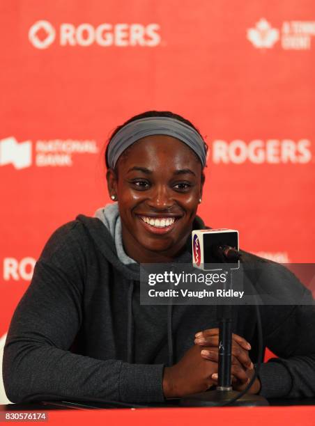 Sloane Stephens of the United States speaks to the media after defeating Lucie Safarova of Czech Republic during Day 7 of the Rogers Cup at Aviva...