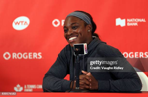 Sloane Stephens of the United States speaks to the media after defeating Lucie Safarova of Czech Republic during Day 7 of the Rogers Cup at Aviva...