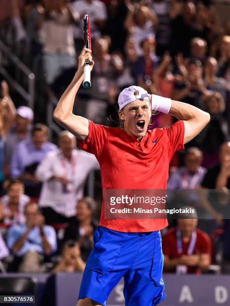 Denis Shapovalov of Canada reacts after defeating Adrian Mannarino of France during day eight of the Rogers Cup presented by National Bank at Uniprix...