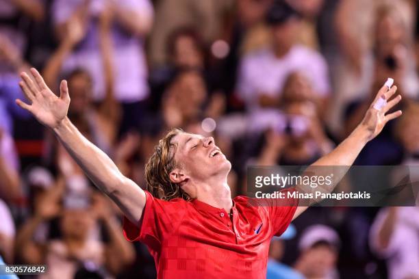 Denis Shapovalov of Canada reacts after defeating Adrian Mannarino of France 2-6, 6-3, 6-4 during day eight of the Rogers Cup presented by National...