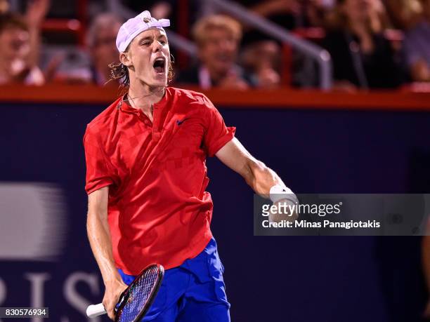 Denis Shapovalov of Canada reacts after scoring a point against Adrian Mannarino of France during day eight of the Rogers Cup presented by National...