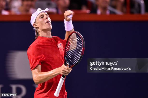 Denis Shapovalov of Canada reacts after scoring a point against Adrian Mannarino of France during day eight of the Rogers Cup presented by National...