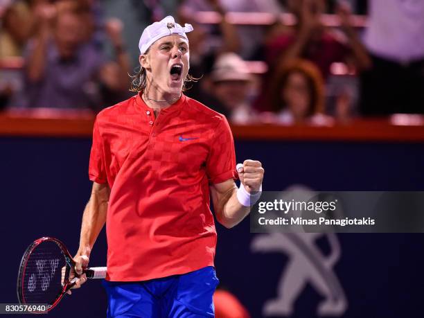 Denis Shapovalov of Canada reacts after scoring a point against Adrian Mannarino of France during day eight of the Rogers Cup presented by National...