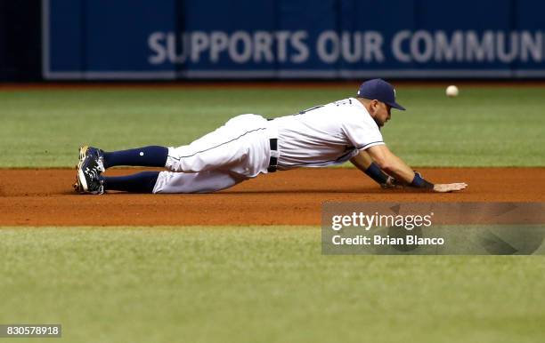 Third baseman Trevor Plouffe of the Tampa Bay Rays makes an attempt on the single by Francisco Lindor of the Cleveland Indians during the seventh...