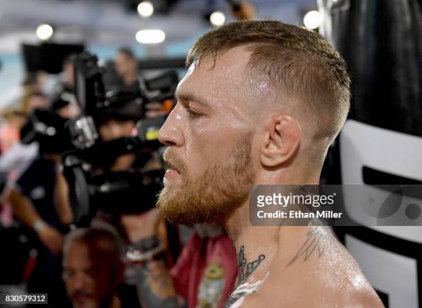 Lightweight champion Conor McGregor holds a media workout at the UFC Performance Institute on August 11, 2017 in Las Vegas, Nevada. McGregor will...