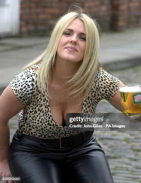 New Rovers Return barmaid Shelley Unwin, played by Manchester actress Sally Lindsay, on the Coronation Street set in Manchester, 24 April 2001....