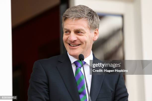 Prime Minister Bill English speaks during the opening of a new Challenge 2000 premises on August 12, 2017 in Wellington, New Zealand. Prime Minister...