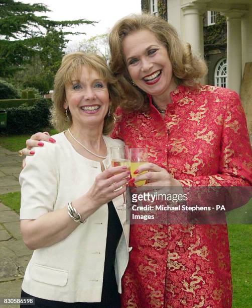 Actresses Valerie Leon and Jacki Piper at Pinewood Studios, after the unveiling of a blue plaque to star of 17 Carry On films, Kenneth Connor.