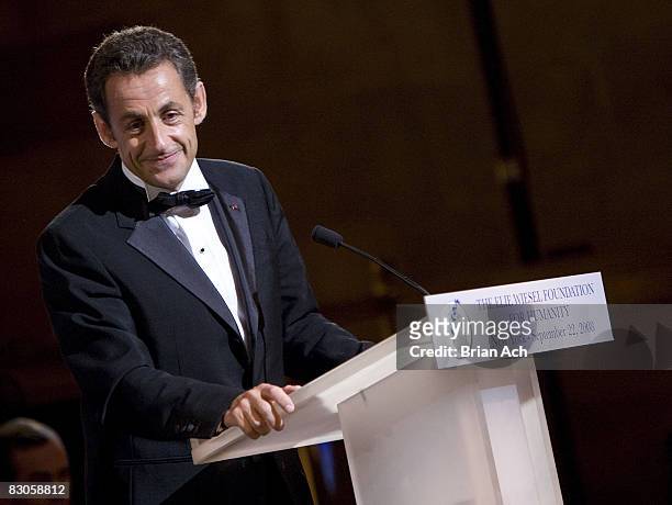 President of France Nicolas Sarkozy speaks at the Elie Wiesel Foundation for Humanity to Honor French President Nicolas Sarkozy event at Cipriani on...