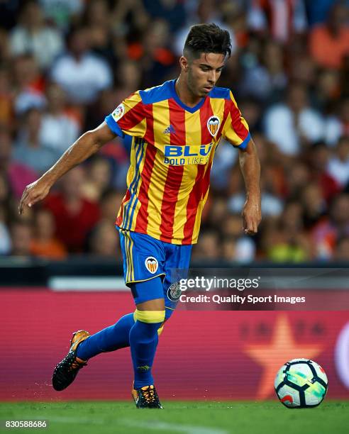 Javi Jimenez of Valencia in action during the pre-season friendly match between Valencia CF and Atalanta BC at Estadio Mestalla on August 11, 2017 in...