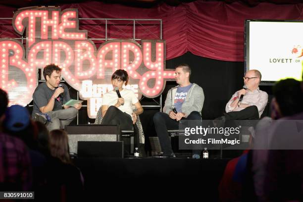 Jon Lovett, Natalie Morales, guest, and Todd Barry of Lovett Or Leave It speak on The Barbary Stage during the 2017 Outside Lands Music And Arts...