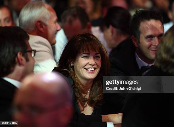 Helen Page , marketing director RBS UK enjoys the proceedings with Michael Vaughan dduring the NatWest PCA Awards Dinner held at Old Billingsgate on...