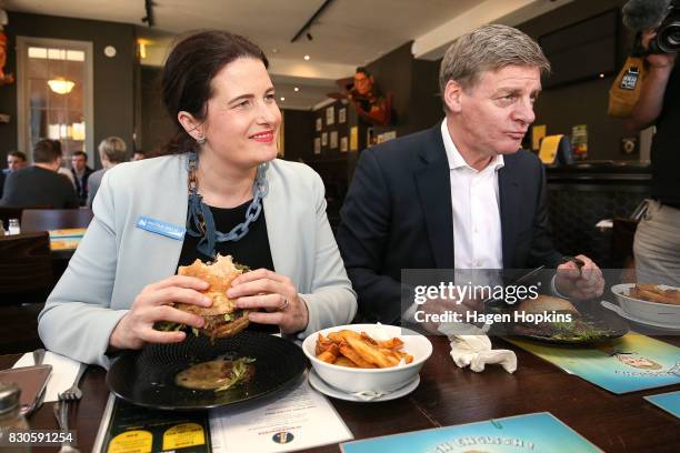 Prime Minister Bill English andf Wellington Central candidate Nicola Willis taste test the 'Bill English Burger' at The Backbencher gastropub on...