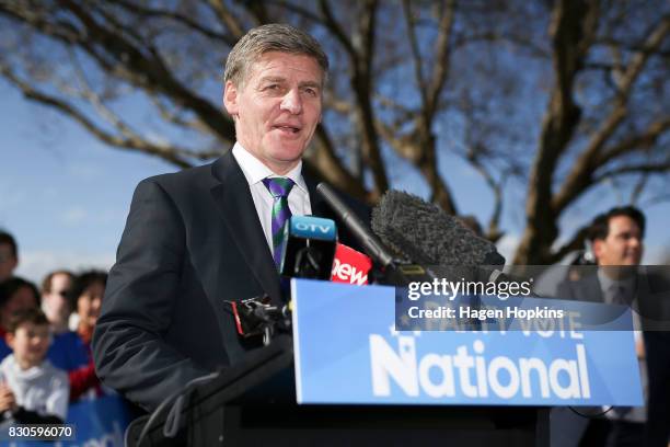 Prime Minister Bill English speaks during a policy announcement at the Dowse Art Museum on August 12, 2017 in Lower Hutt, New Zealand. Prime Minister...