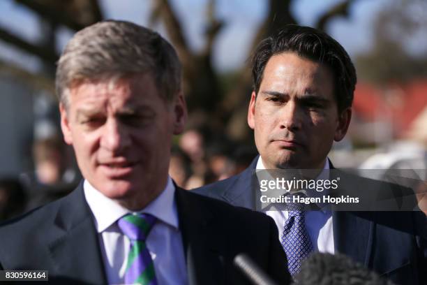 Prime Minister Bill English speaks to media while MP Simon Bridges looks on during a policy announcement at the Dowse Art Museum on August 12, 2017...
