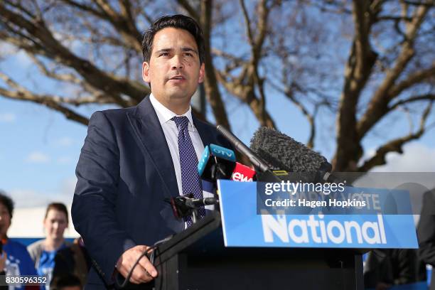 Simon Bridges speaks during a policy announcement at the Dowse Art Museum on August 12, 2017 in Lower Hutt, New Zealand. Prime Minister Bill English...