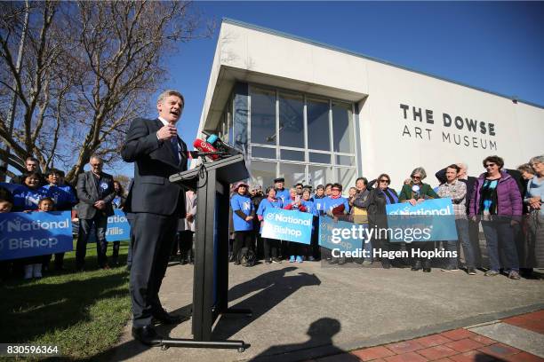 Prime Minister Bill English speaks during a policy announcement at the Dowse Art Museum on August 12, 2017 in Lower Hutt, New Zealand. Prime Minister...