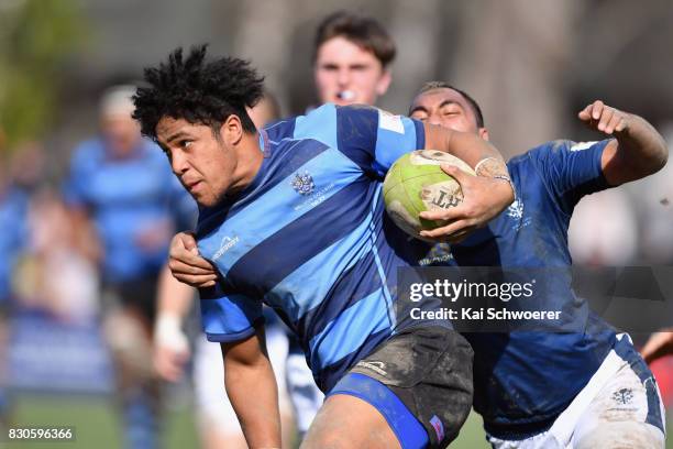 Leicester Faingaanuku of Nelson is tackled by Isalei Pouvalu of St Andrew's during the First XV match between St Andrew's College and Nelson College...