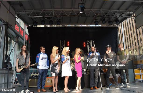 Musician Steve Stout of Lifehouse, co-hosts Todd Pirro, Ainsley Eardhart, Janice Dean, Jillian Mele and Pet Hegseth, and musicians Jason Wade and...