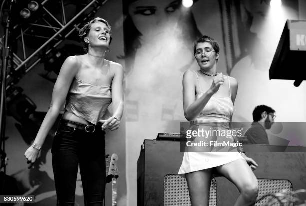 Festivalgoers dance onstage with Belle & Sebastian at 2017 Outside Lands Music And Arts Festival at Golden Gate Park on August 11, 2017 in San...