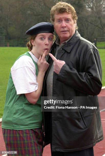 Actor and singer Michael Crawford in Battersea Park, London with his daughter Lucy Crawford who is running the London Marathon dressed as Frank...