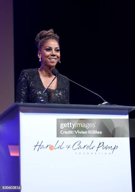 Holly Robinson Peete speaks onstage at the 17th Annual Harold & Carole Pump Foundation Gala at The Beverly Hilton Hotel on August 11, 2017 in Beverly...