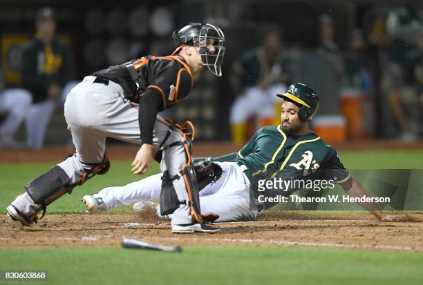 Marcus Semien of the Oakland Athletics scores sliding past catcher Caleb Joseph of the Baltimore Orioles in the bottom of the eighth inning at...