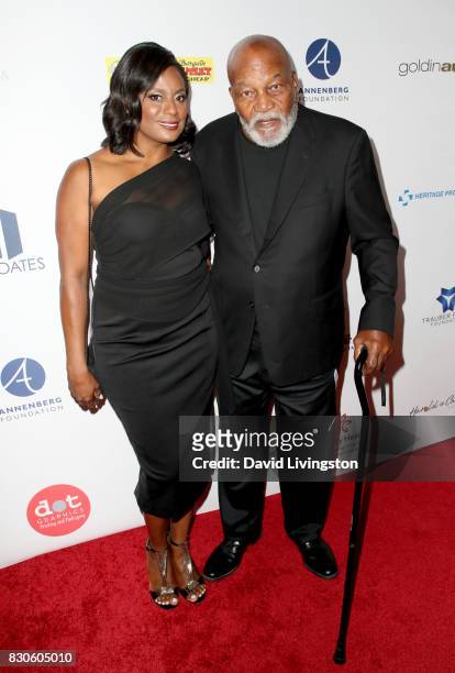 Monique Brown and Jim Brown and guest at the 17th Annual Harold & Carole Pump Foundation Gala at The Beverly Hilton Hotel on August 11, 2017 in...
