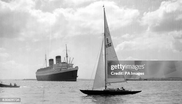 The Bluebottle, a Dragon Class racing yacht, on sail stretching trials off Hamble, Hampshire, which was presented to Princess Elizabeth, now...