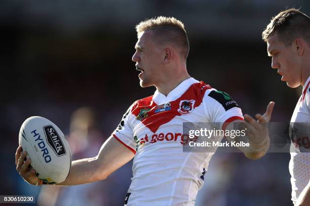 Matthew Dufty of the Dragons appeals to the referee during the round 23 NRL match between the St George Illawarra Dragons and the Gold Coast Titans...