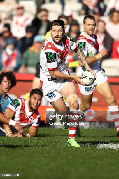 Gareth Widdop of the Dragons runs the ball during the round 23 NRL match between the St George Illawarra Dragons and the Gold Coast Titans at UOW...